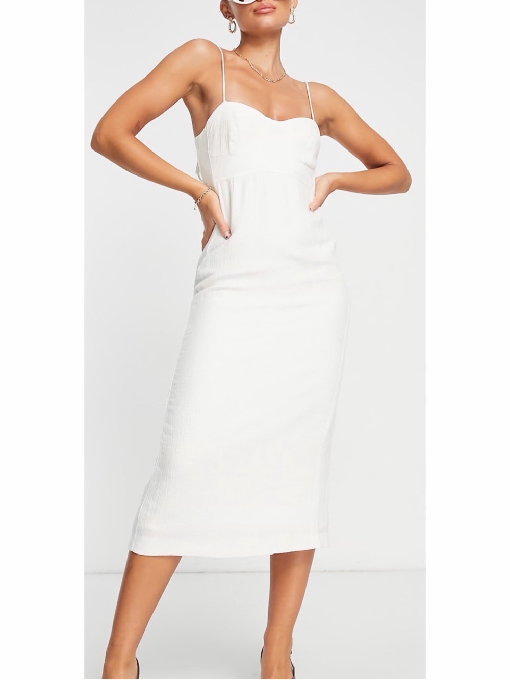MNG Mango Corset Detail Midi Dress White